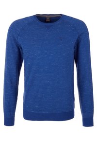Maglione blu a maniche lunghe, con un tessuto testurizzato caratterizzato da un sottile motivo melange, polsini e orlo a costine, e un piccolo logo sul petto.