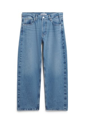 Lichtblauwe wijde spijkerbroek van denim. Kenmerken zijn een standaard tailleband, voorzakken en een rechte pasvorm.