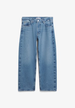 Lichtblauwe wijde spijkerbroek van denim. Kenmerken zijn een standaard tailleband, voorzakken en een rechte pasvorm.