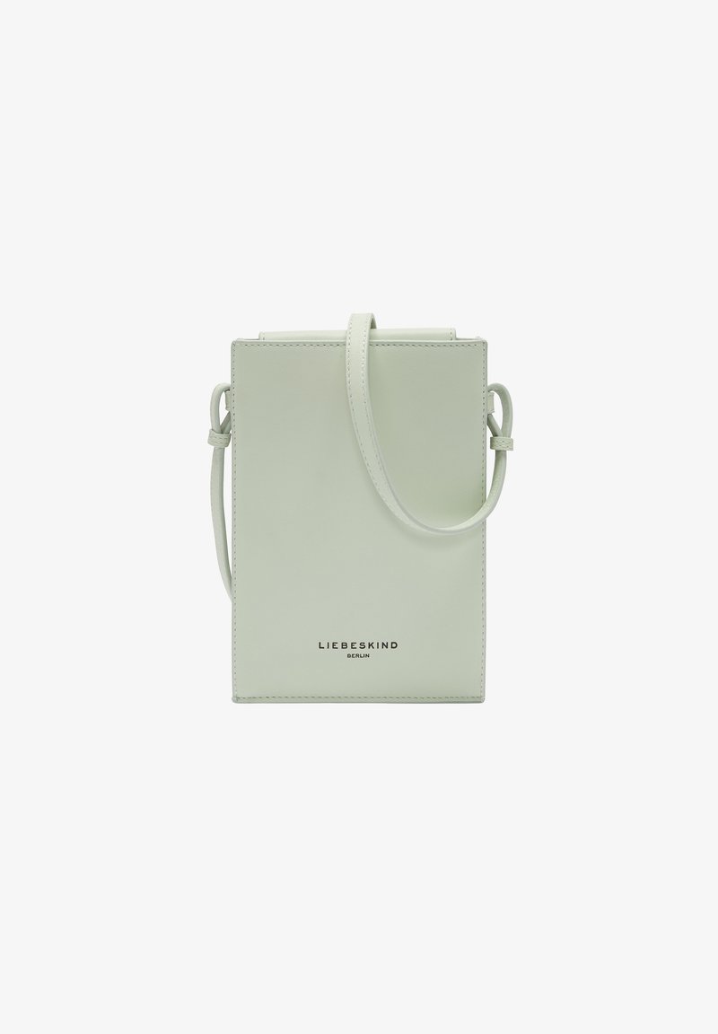 Quadratischer Handtasche aus weichem, mintgrünem Leder mit einem einzelnen oberen Griff und einem subtilen Logo auf der Vorderseite. Glatte Textur.