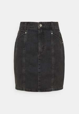 Jupe en denim noir avec un design ajusté, dotée d'une taille, de poches avant et d'accents en métal argenté. Tissu texturé avec une finition lisse.