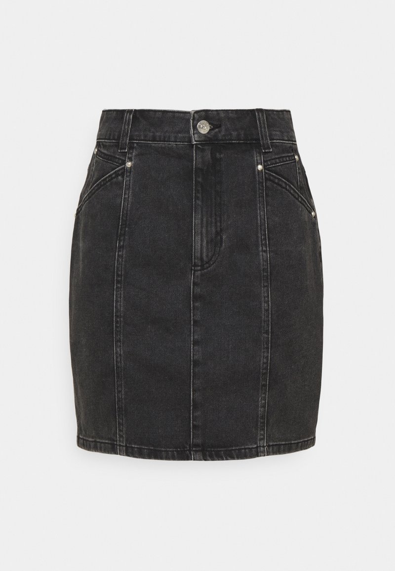 Jupe en denim noir avec un design ajusté, dotée d'une taille, de poches avant et d'accents en métal argenté. Tissu texturé avec une finition lisse.