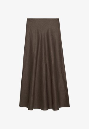 Brun linned nederdel med en flagrende A-line silhuet. Har en glat tekstur og let glans, designet til en fuldlængde pasform.