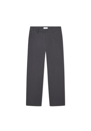 Gray, straight-leg trousers made of lightweight fabric, featuring two front pockets and a zip fly with button closure.