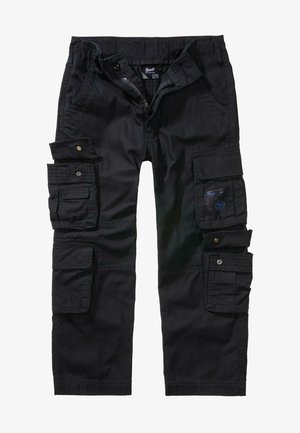 Un pantalon cargo noir avec plusieurs poches latérales, des accents en bouton et une fermeture éclair. Fabriqué en tissu durable avec une coupe droite.