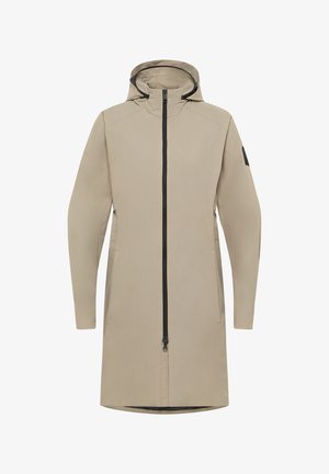 Manteau imperméable beige avec une capuche, fermeture éclair sur toute la longueur et poches latérales. Présente une surface légèrement texturée et des accents noirs.