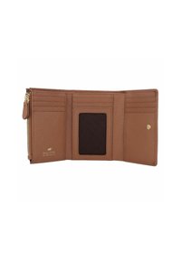 Portafoglio in pelle marrone con finitura texturizzata, dotato di scomparti per carte, una tasca trasparente per l'ID e un compartimento con zip per le monete. Finiture in oro.