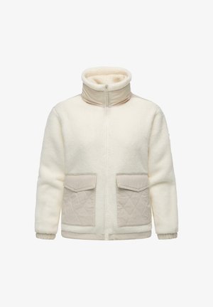 Giacca in pile color crema con colletto alto, chiusura con zip, tasche frontali trapuntate con pattina e polsini elasticizzati.