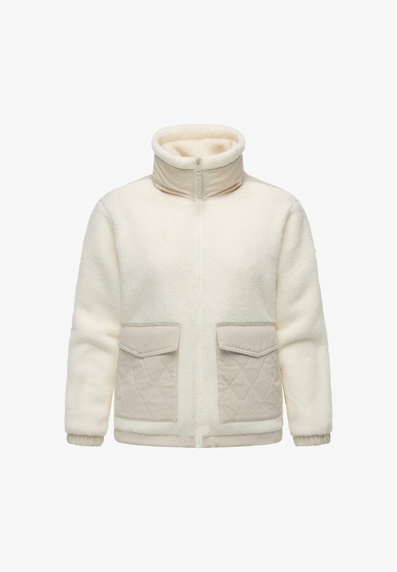 Cremefarbene Fleecejacke mit hohem Kragen, Reißverschluss, gesteppten Fronttaschen mit Klappen und elastischen Bündchen.