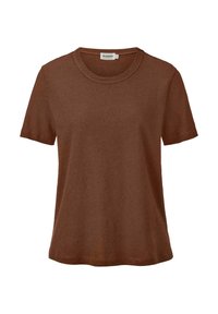 T-shirt corto a maniche corte in cotone marrone con scollatura rotonda e una consistenza morbida. Presenta cuciture pulite lungo il colletto e le maniche.