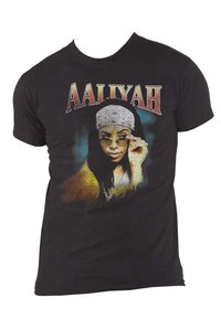 Black cotton t-shirt featuring a front graphic print of a woman in sunglasses, with the name "Aaliyah" in bold, colorful lettering above.