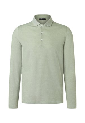 Jasnozielona koszula polo z długim rękawem, kołnierzykiem i plisą na trzy guziki, wykonana z miękkiego, teksturowanego materiału.