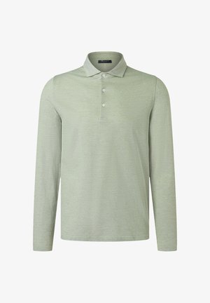 Jasnozielona koszula polo z długim rękawem, kołnierzykiem i plisą na trzy guziki, wykonana z miękkiego, teksturowanego materiału.