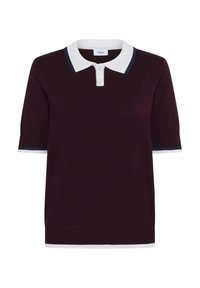 Burgundská polo košile s bílým límcem a námořnickými detaily, krátké rukávy, pletená textura a tříknoflíková léga na výstřihu.