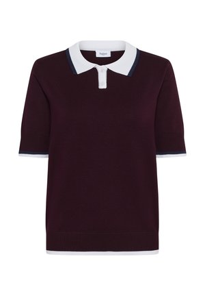 Burgundská polo košile s bílým límcem a námořnickými detaily, krátké rukávy, pletená textura a tříknoflíková léga na výstřihu.