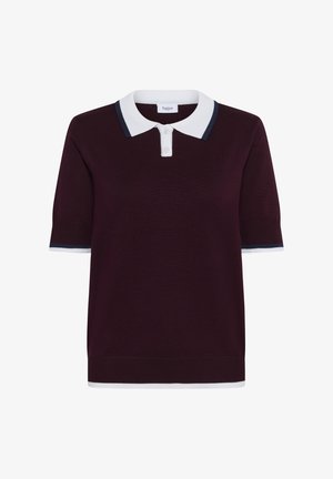 Bordeaux polo shirt met een witte kraag en marineblauwe details, korte mouwen, gebreide textuur en een drukknoopsluiting bij de hals.