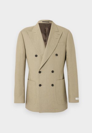 Beiger zweireihiger Blazer mit sechs schwarzen Knöpfen, Revers mit Kerbkragen, zwei Fronttaschen und einem dunkelbraunen Innenfutter.