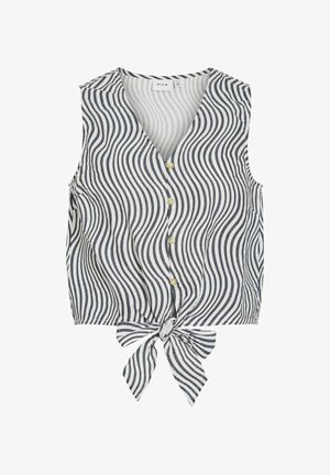 Blouse sans manches avec un col en V, présentant un motif ondulé bleu marine et blanc, un devant à boutons, et un détail de nœud à l'ourlet.