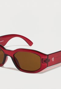 Punased läbipaistvad päikeseprillid pruunikastooniliste läätsedega, millel on elegantne ovaalne kuju ja veidi kõverad sangad. Märgatav logo prillikaartele.