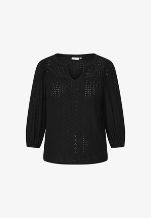 Blouse noire avec un décolleté en V, des manches bouffantes longues et un motif ajouré texturé. Présente des motifs géométriques subtils et une coupe décontractée.