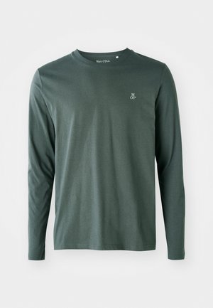 Long-sleeve shirt in dark green cotton with a round neckline, subtle texture, and small white "M OP" logo on the left chest.