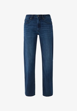 Donkerblauwe rechte jeans van denim. Bevat een klassiek vijf-pocket ontwerp, een sluiting met knoop aan de voorkant en subtiele stikdetails.