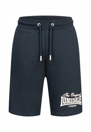 Navy blue shorts made of soft material featuring an elastic waistband with drawstrings and a white graphic logo on the left side.