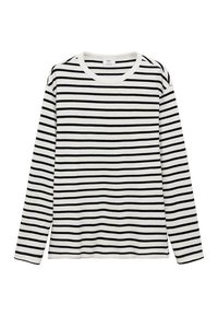 Camicia a maniche lunghe a righe con scollatura rotonda, caratterizzata da righe alternate in bianco e nero su un tessuto morbido.