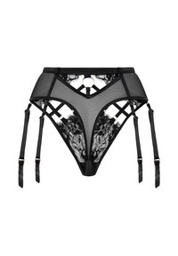 Schwarzes Lingerie-Set aus Mesh und Spitze, mit dreieckiger Form, dekorativen Trägern und goldenen Hardware-Details. Entworfen mit Ausschnitten und Mustern.