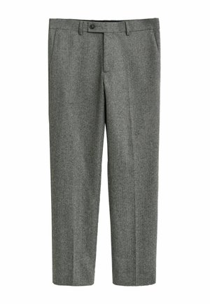 Grijze dress trousers voor heren met een visgraatpatroon, voorzien van een knoopsluiting, riemlussen en zijzakken.