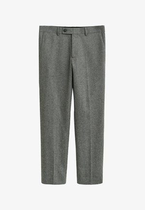 Herren-Anzughose aus grauem Fischgrätmuster mit knöpfbarem Bund, Gürtelschlaufen und seitlichen Taschen.