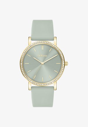 s.Oliver-Uhr mit einem hellgrünen Silikonarmband, einem Gehäuse in Goldoptik und einer schimmernden Lünette. Das Zifferblatt verfügt über goldfarbene Stundenmarkierungen und Zeiger.