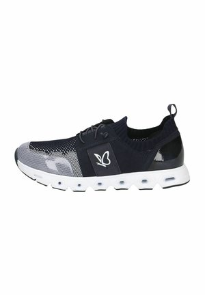 Marineblauer Mesh-Sneaker mit weißer Sohle, ausgestattet mit einer glatten schwarzen Fläche und Logo-Akzent. Das Design umfasst einen strukturierten Strickkragen und eine hexagonale Außensohle.