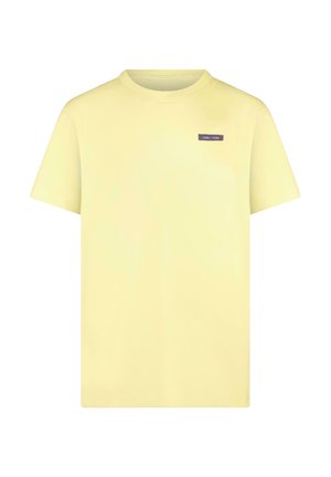 Lichtgeel T-shirt met korte mouwen van katoen met een ronde hals. Voorzien van een klein donker label op het linkerborstgebied.