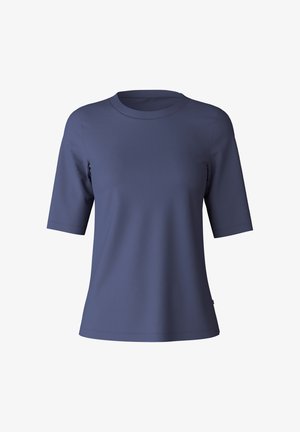 Korte mouwen marineblauwe t-shirt gemaakt van zacht materiaal, met een ronde halslijn en een losse pasvorm. Stevige textuur zonder zichtbare patronen of accenten.