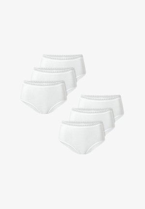 Vita bomullsunderkläder med spetsdetaljer i midjan, med en hög midja. Paketet innehåller sex par. Slät textur, inga mönster.