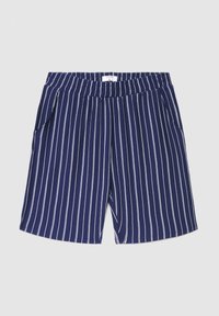 Granatowe szorty w paski z białymi pionowymi pasami, elastycznym pasem i bocznymi kieszeniami. Wykonane z miękkiej tkaniny, o luźnym kroju.