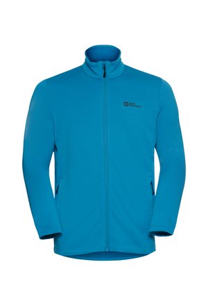 Veste en polaire bleue avec un col haut, fermeture éclair à l'avant et poches latérales. Présente un motif texturé et un logo sur le côté supérieur gauche.