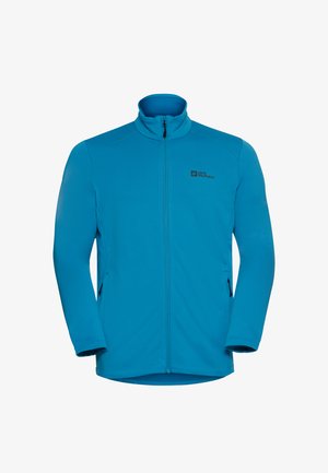 Veste en polaire bleue avec un col haut, fermeture éclair à l'avant et poches latérales. Présente un motif texturé et un logo sur le côté supérieur gauche.