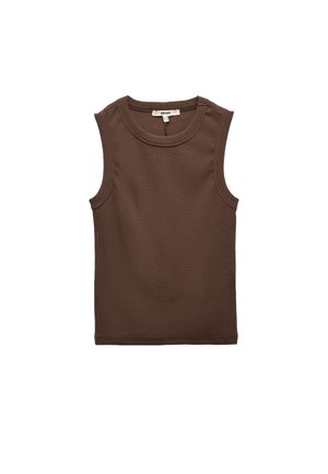 Braunes ärmelloses Top aus geripptem Textil. Merkmale sind ein runder Halsausschnitt und ein gerader Saum. Minimalistisches Design ohne Muster oder Verzierungen.