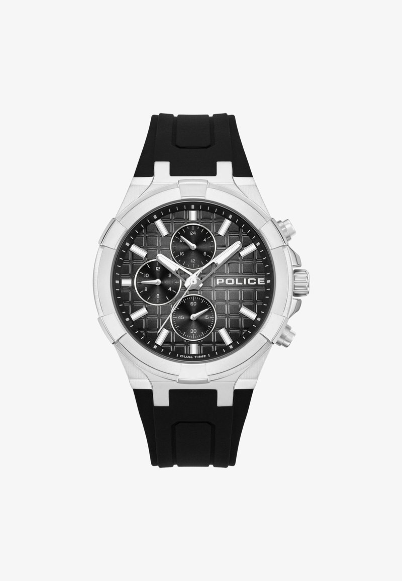 Melnas gumijas siksniņas pulkstenis ar sudraba nerūsējošā tērauda korpusu, strukturētu melnu ciparnīcu, trim subciparnīcām un kontrastējošiem sudraba akcentiem.