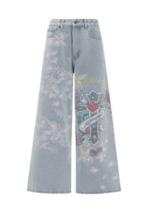 Light blue wide-leg jeans with floral embroidery and a graphic cross design, featuring colorful accents and a high waist.