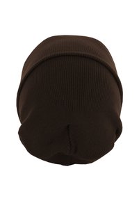 Brown knitted beanie hat, soft texture, ribbed design, rounded top, and gathers at the back with no visible accents or hardware.
