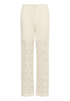 Pantalones de pierna ancha de encaje en blanco roto, con intrincados patrones florales, una cintura alta y una cinturilla suave con cierre de botón.