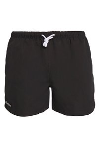 Bañador negro con cintura elástica y cordón blanco. Presenta un logo bordado en la pierna izquierda. Tejido suave y ligero.