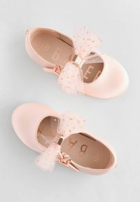 Scarpette da balletto rosa pallido con punta arrotondata, finitura satinata e un fiocco decorativo in tulle trasparente embellito con piccoli punti e un'accento metallico.