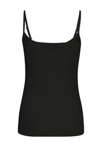 Top nero senza maniche con spalline sottili e design aderente. Tessuto morbido e liscio senza motivi o dettagli visibili.
