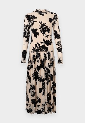 Rochie cu mâneci lungi, crem, cu imprimeu floral negru, având partea superioară mulată și fustă plisată. Concepută dintr-un material moale și ușor.