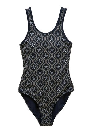 Einteiliger Badeanzug mit schwarzem Hintergrund und weißem Seesternmuster innerhalb welliger Rhombusformen, ärmellos mit rundem Ausschnitt.