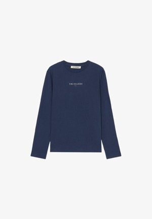 Mørkeblå langærmet skjorte med "TRUSSARDI 1911" trykt i hvidt centreret på brystet, med en rund halsudskæring.